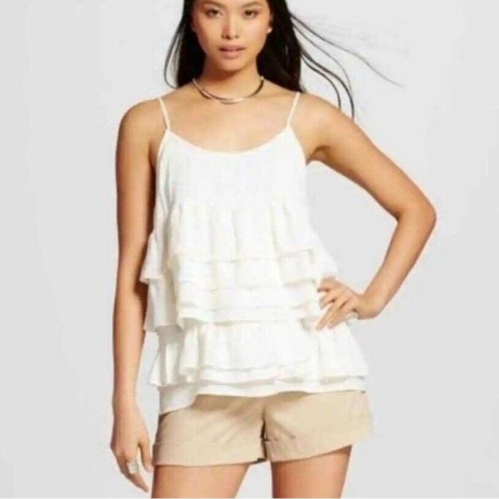 WHO WHAT WEAR Ivory Ruffled Layered Tiered Cami Tank Top Spaghetti Straps Large